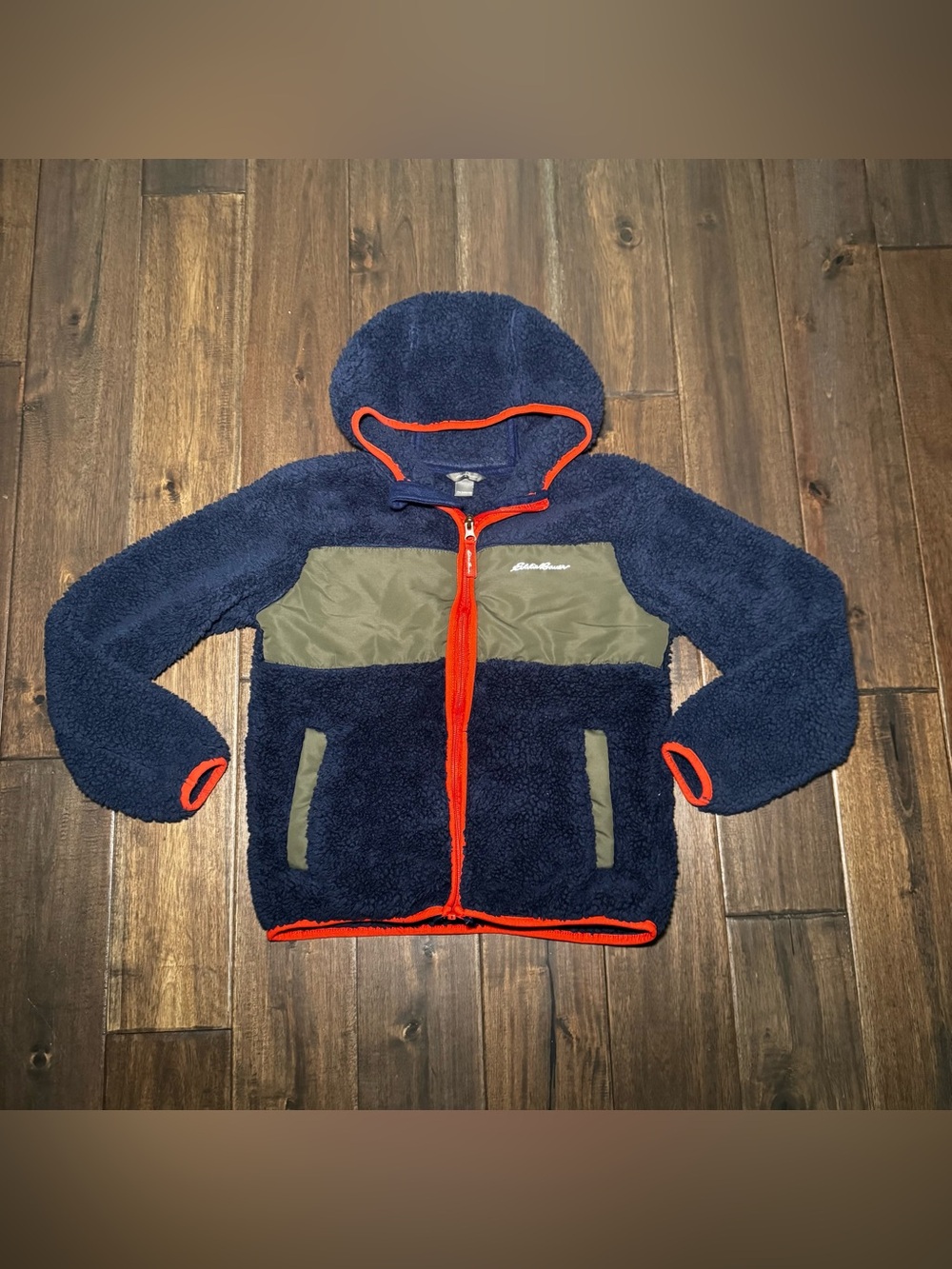 Eddie Bauer Fleece Full Zip Jacket Blue Green Orange Hooded Boys M 10-12